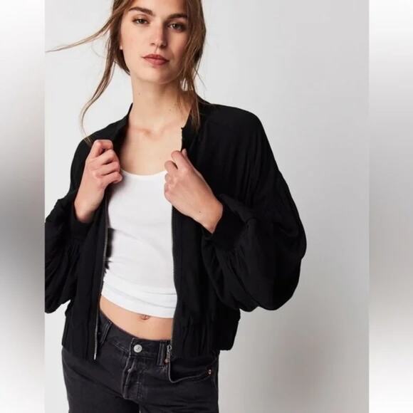 Free People Jackets & Blazers - FREE PEOPLE On Pointe Bomber Jacket Lightweight Puff Balloon Sleeve Black